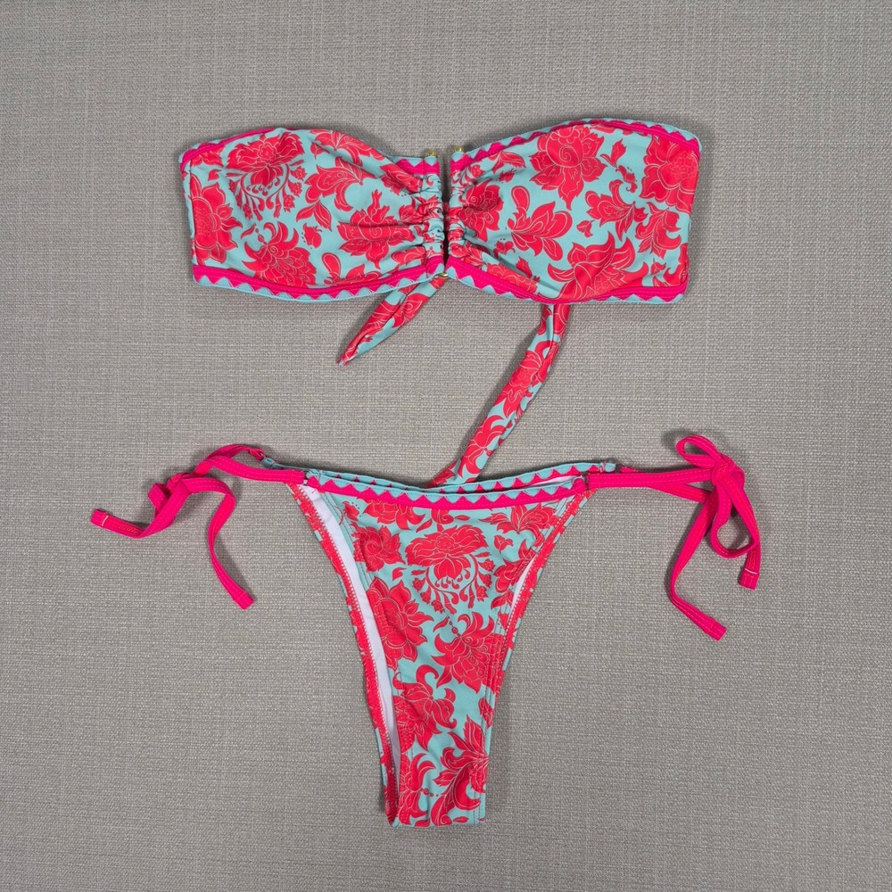 Floral Bandeau Bikini Set Pink Blue Ric Rac Trim Side Tie Swimsuit Size Small